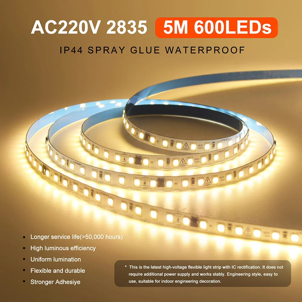 5m 10m 20m 50m LED Strip Light AC 220V 230V 240V IP55 2835 120 LEDs Flexible Ribbon Rope Lights Tape 9 Colors Home Decoration