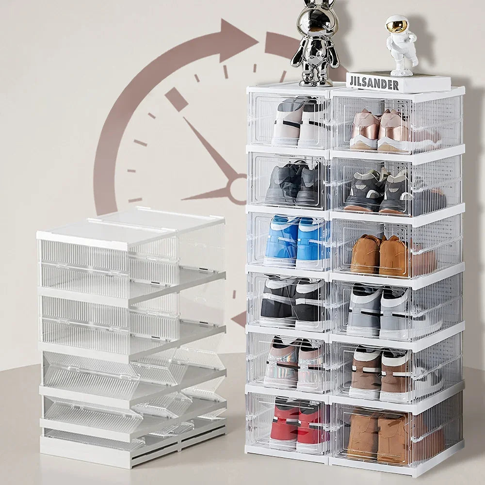 Transparent Shoes Box 6 Layers Shoe Display Case Thickened Foldable Sneaker Shoe Organizers Dustproof High-top Shoe Rack Shelf