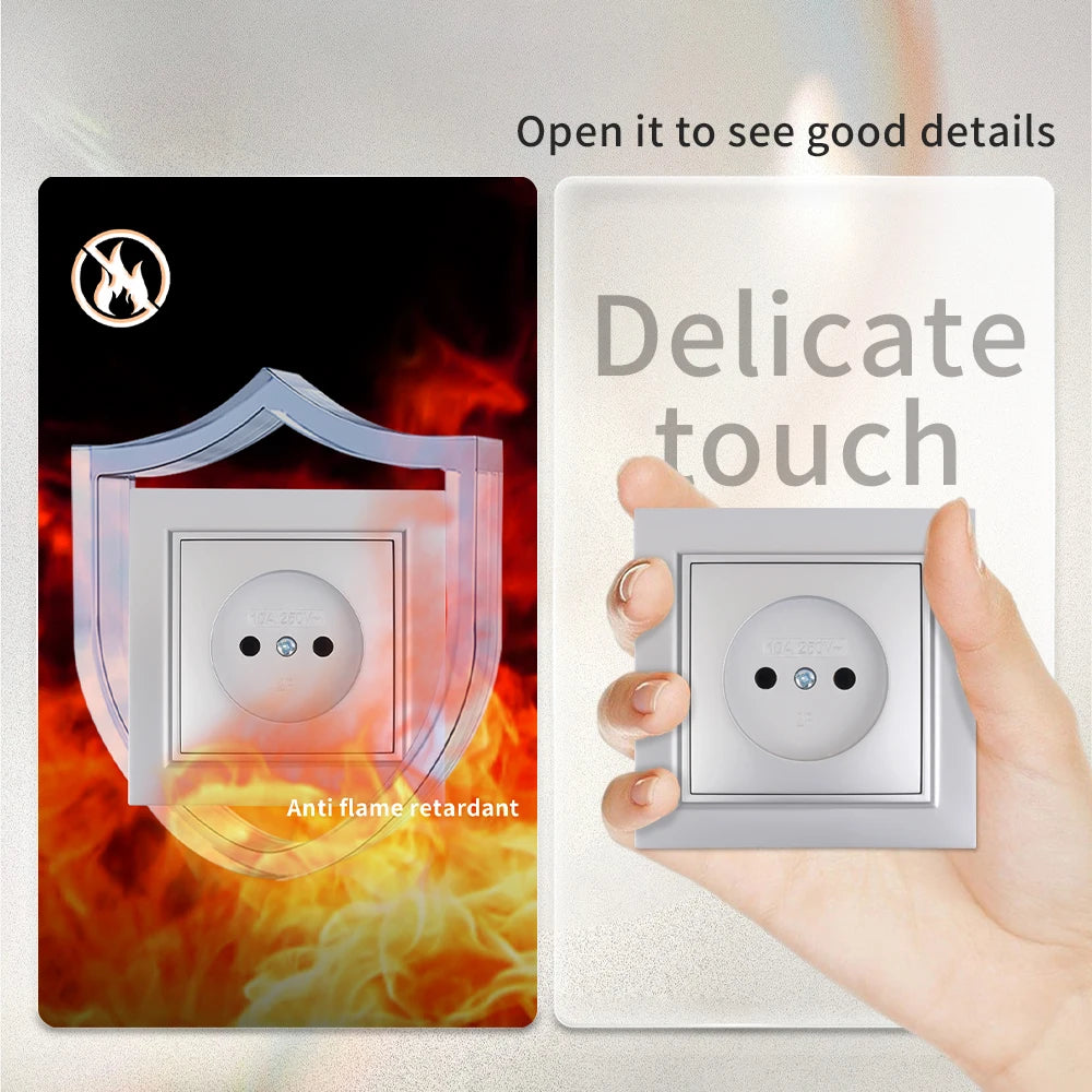 Silvery Electrical Outlets Power Sockets 250V EU Standard Wall Embedded Flame Retardant AC Not Ground Plugs Socket Paint Plastic