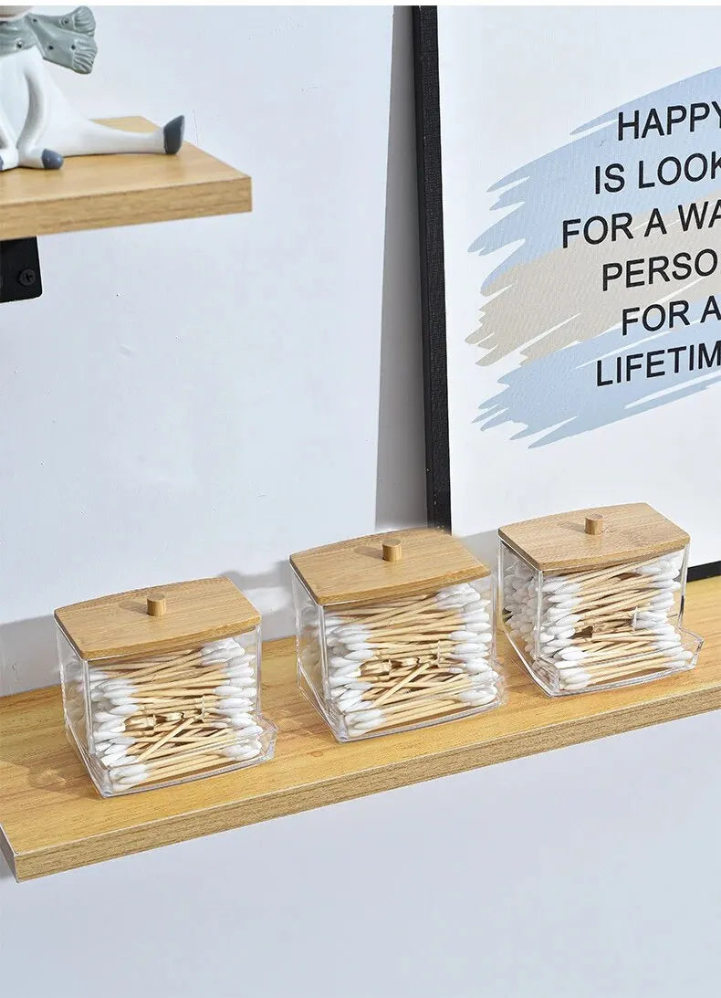 1set Transparent Acrylic Wood Cover Cotton Swab Box With 500 Cotton Swabs Cosmetic Cotton Storage Box
