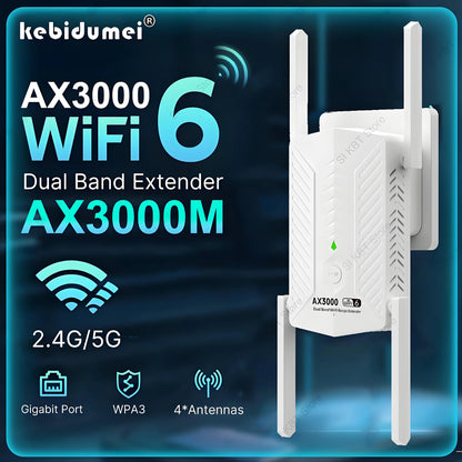 3000Mbps WiFi 6 Repeater Dual Band 2.4G&5GHz Wireless Signal Range Extender Amplifier Router Long Range Signal Booster For Home