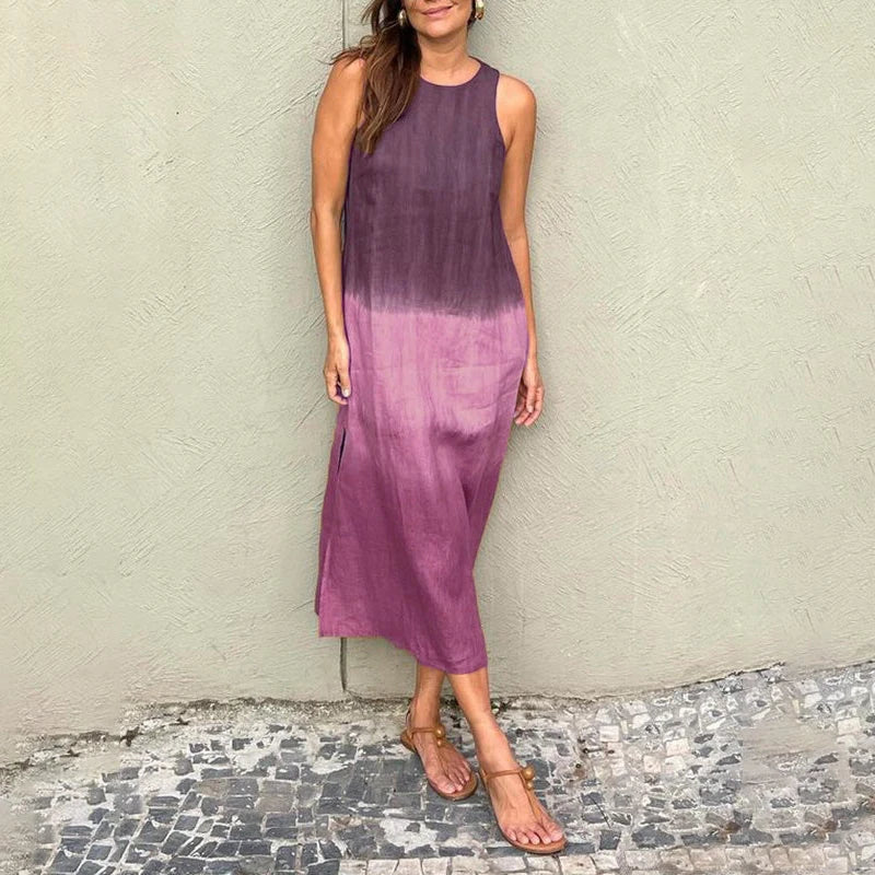 2024 Women Gradient Dress Split Sleeveless Maxi Dresses New Summer Casual Fashion Female High Street Vestidos