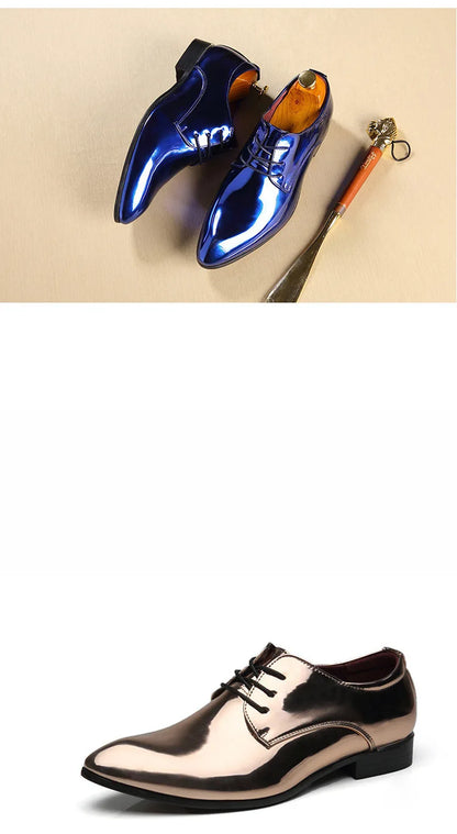 Fashion Trend Patent Leather Men Wedding Shoes Gold Blue Red White Oxfords Shoes Designer Pointed Toe Dress Shoes Big Size 37-48