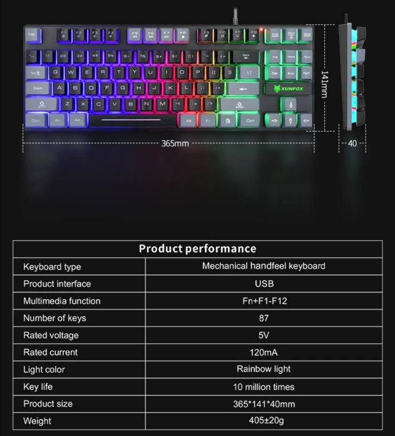 Keyboard 87 Keys 80% Layout Spanish Russian Korean Arabic Gaming Keyboard USB Wired RGB Light Float Keycap Ergonomics Design K10