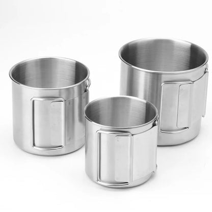 Stainless Steel Camping Cup 250/350/500ml Portable Carabiner Cups Outdoor Water Cup Mug With Foldable Handle Kitchen Drinkware
