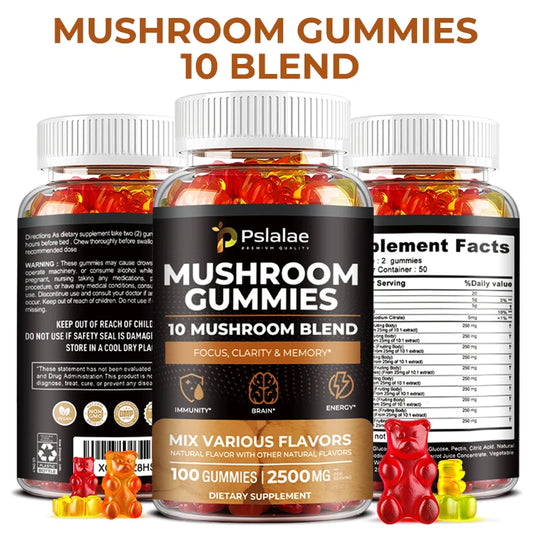 Mushroom Gummies - 10 Mushroom Blend, Nootropic Brain Booster for Focus, Memory, Clarity and Energy