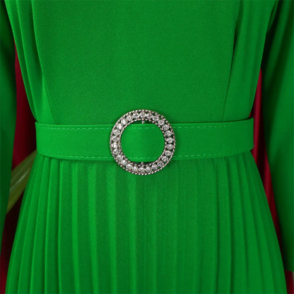 Office Dresses for Women V Neck Full Sleeve Belt Waisted Pleated Mid Calf Elegant Female Business Work Wear Dress Midi Cloth New