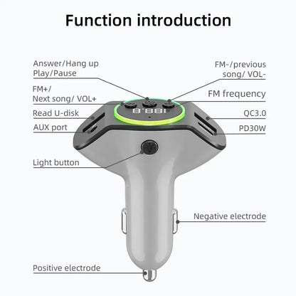 PD30W+QC3.0 Bluetooth 5.3 Car MP3 Player FM Transmitter Wireless Handsfree U Disk Play Music USB Type-C Car Fast Charger Adapter