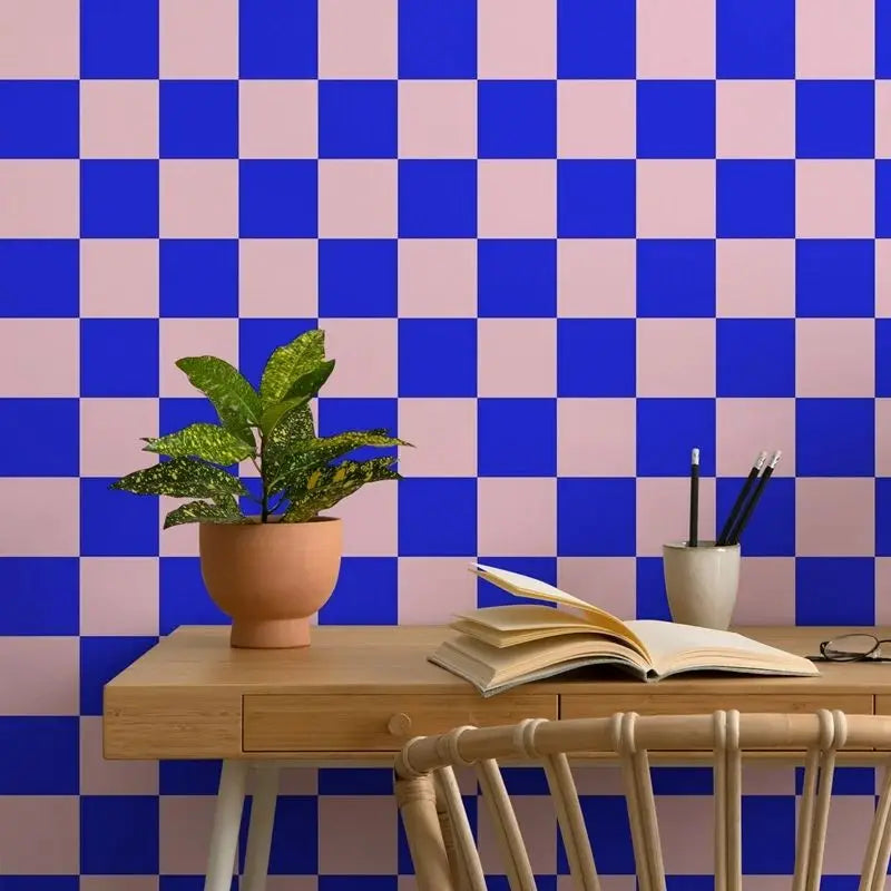 Pink And Blue Checker Adhesive Wall Wallpaper,Geometric Removable Wallpaper For Decoration Livingroom , Wallpapers Of Home Décor