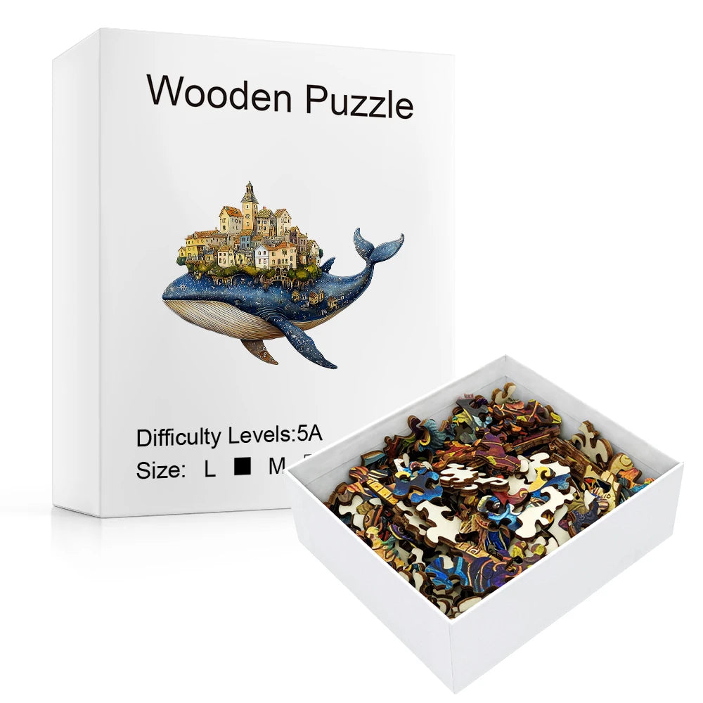 Artisan Whale Castle Wooden Puzzle – Handcrafted Animal Village, Intermediate Challenge & Marine Wall Art – Portable Family Game