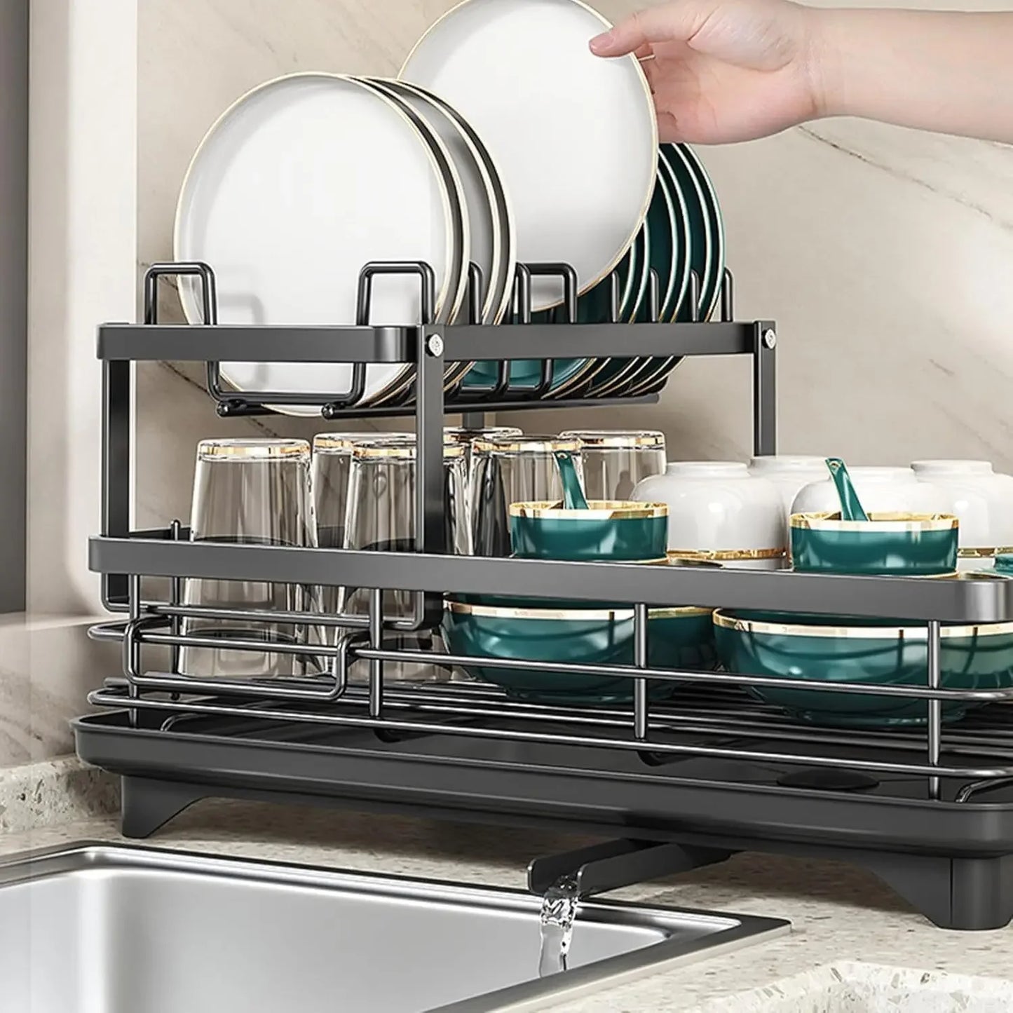 Kitchen Organizer Extendable Dish Drying Racks for Kitchen Counter and Over Sink, Multifunctional Dish Rack with Cutlery