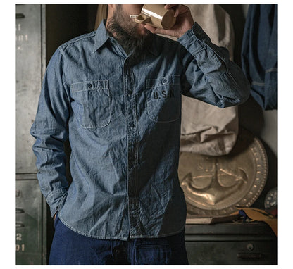 Bronson Repro USN Chambray Work Shirt Rugged Men's Selvedge Workwear Light Blue