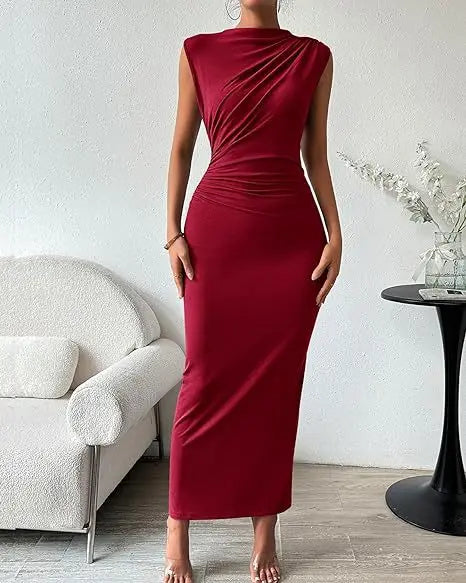 Women's Ruched Bodycon Dress Summer Casual Sleeveless Back Slit Elegant Club Evening Party Cocktail Maxi Dresses
