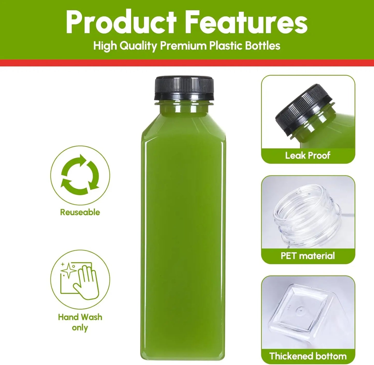 2 Pcs or 6 Reusable Plastic Juice Bottles with Lid - 5 Oz, 8 Oz, 12 Oz, 16 oz - Great for Smoothie, Milk, Etc. - Easy to Clean and Supplement - Leak-Proof for Bpa