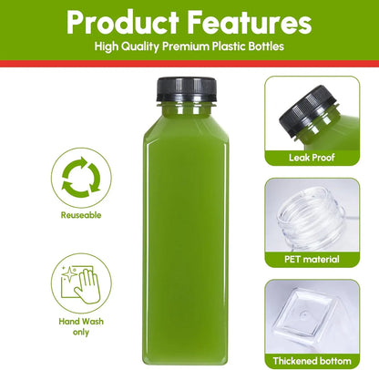 2 Pcs or 6 Reusable Plastic Juice Bottles with Lid - 5 Oz, 8 Oz, 12 Oz, 16 oz - Great for Smoothie, Milk, Etc. - Easy to Clean and Supplement - Leak-Proof for Bpa
