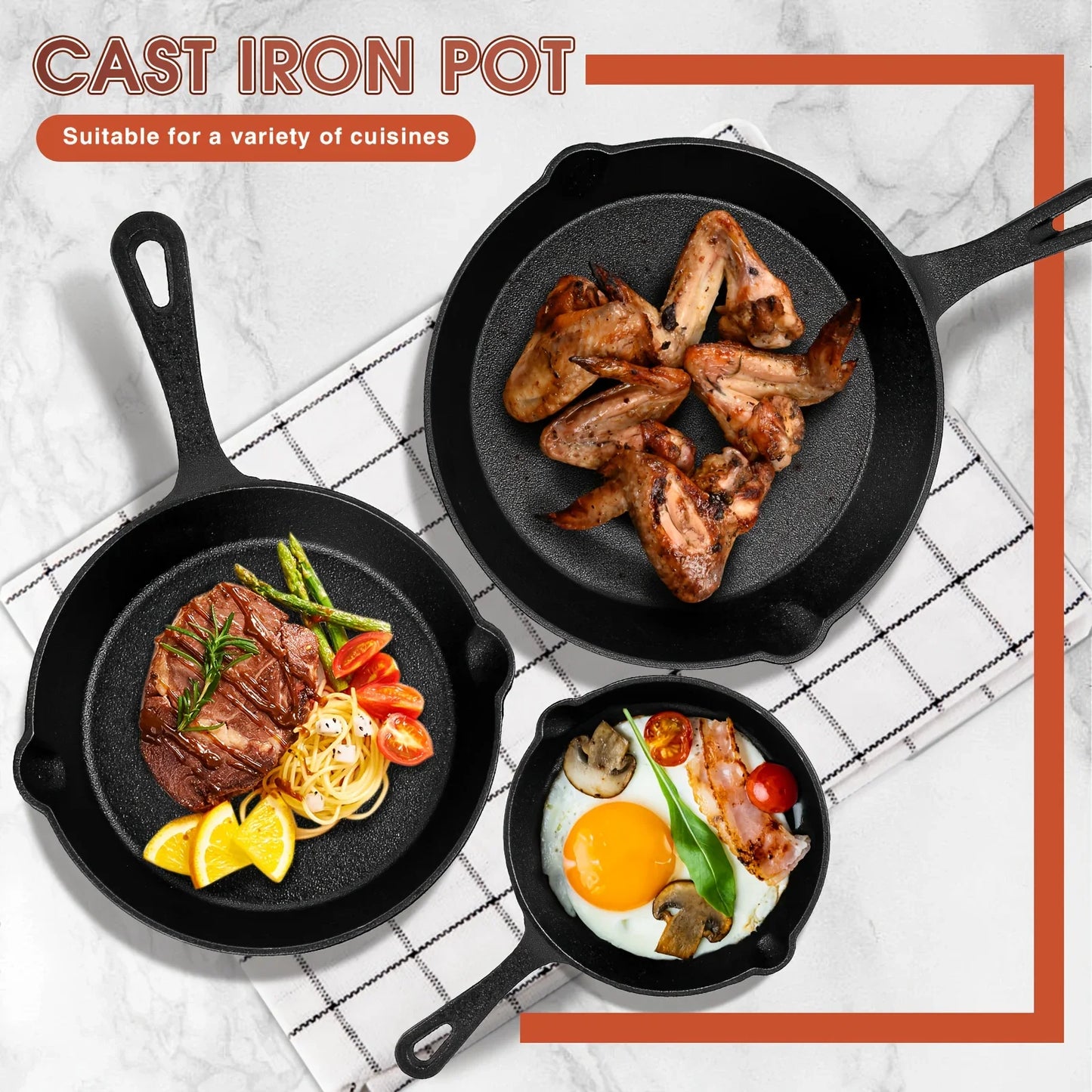 [Durable Cookware] Black Cast Iron Skillet Set - 3pcs, Durable, Dishwasher Safe - Everyday Cookware