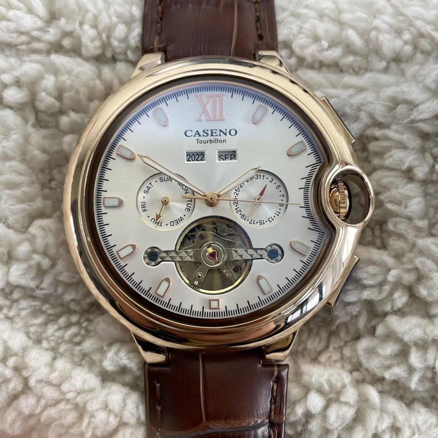 CASENO Fashion Trend Men's Blue Light Glass Night Light Scale Multi functional Fully Automatic Tourbillon Mechanical Watch 831BG