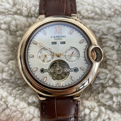 CASENO Fashion Trend Men's Blue Light Glass Night Light Scale Multi functional Fully Automatic Tourbillon Mechanical Watch 831BG