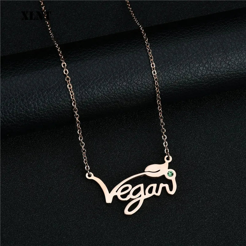 XLNT Silver Gold Rose Vegan Necklace Letters Vegan Pendant Vegetarian Choker Vegan Jewelry Gift for Vegetarian People