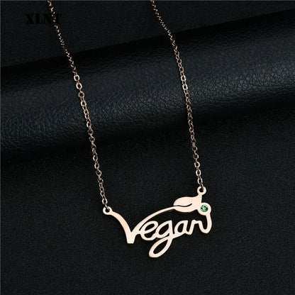 XLNT Silver Gold Rose Vegan Necklace Letters Vegan Pendant Vegetarian Choker Vegan Jewelry Gift for Vegetarian People