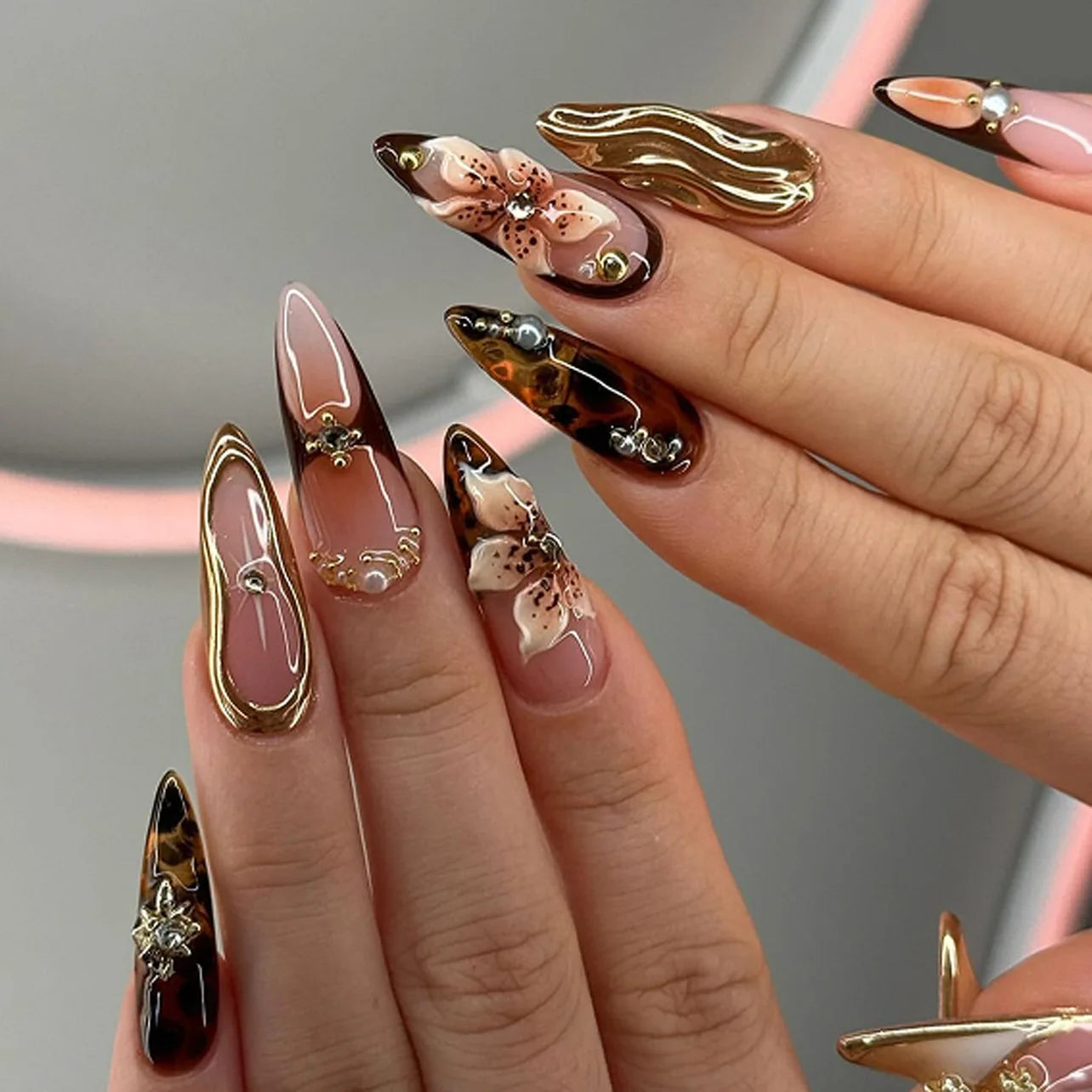 24Pcs False Nails Spicy Girl Silver Bow with Diamond Fake Nails with Glue Almond Press on Nails Black Cool Y2k Almond Nail Set