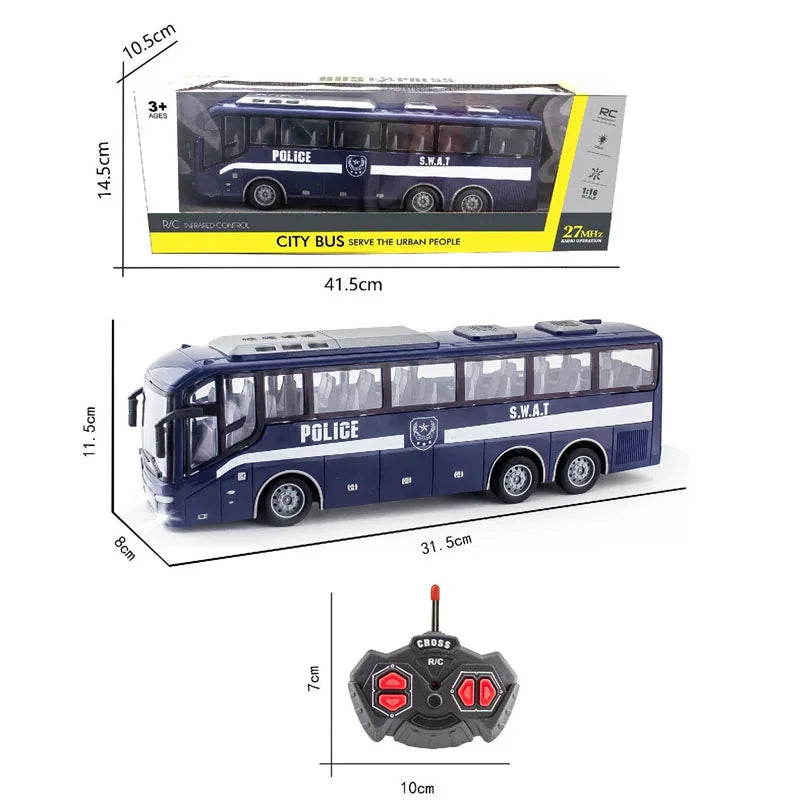 1:30 RC City Bus High Speed Racing Model RC Car School Bus Police Bus Tour Bus Realistic Beaming Lights Rubber Tires Toys Boys