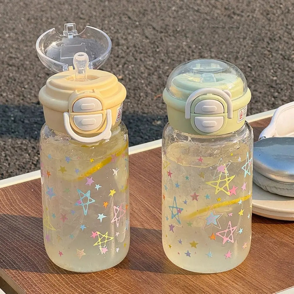 500ml Transparent Plastic Cup Straw Cup Lifting Rope Graffiti Water Bottles Fall Prevention Portable Drinking Water Bottle