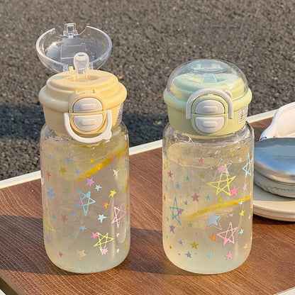 500ml Transparent Plastic Cup Straw Cup Lifting Rope Graffiti Water Bottles Fall Prevention Portable Drinking Water Bottle