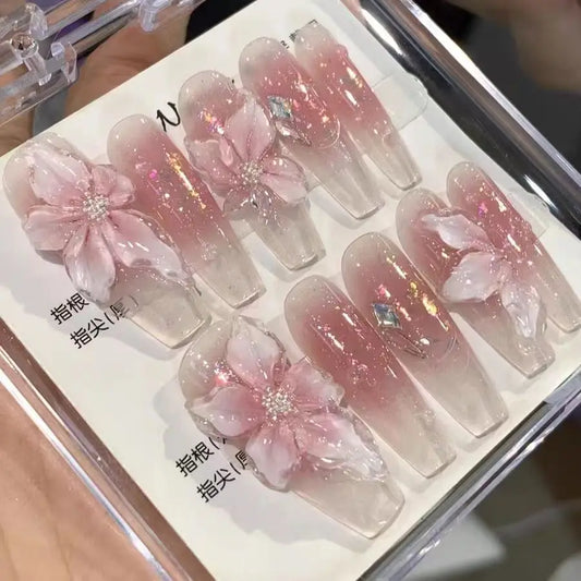 10Pcs Handmade Gradient Pink Fake Nails Long Press On Nails French False Nails 3D Pink Flowers Decor Wearable Press on Nails