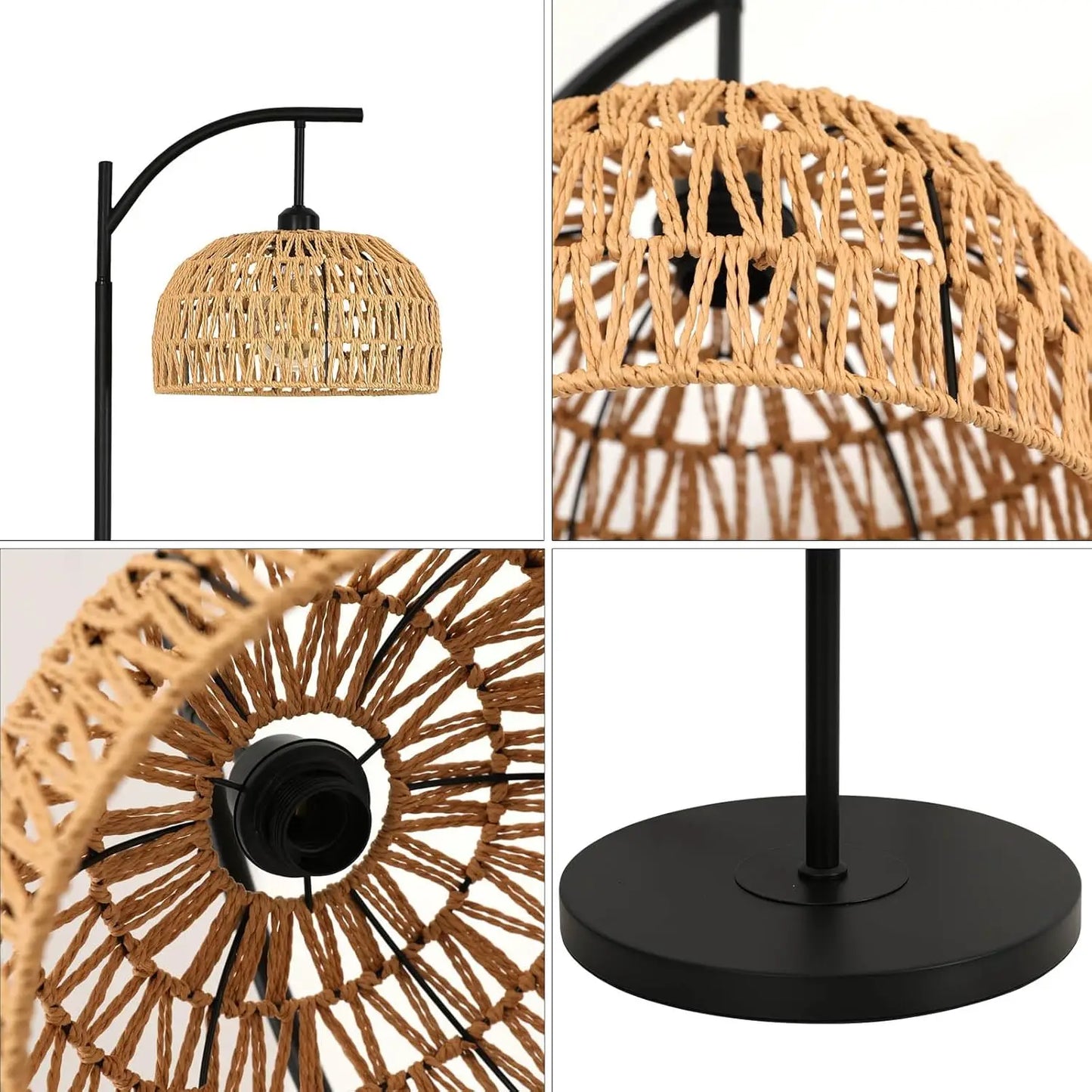 Floor Lamp Living Room,E27 Industrial Metal Floor Lamp,Black Floor Lamp,Rattan Weave Floor Lamp for Bedroom(Without Bulb)