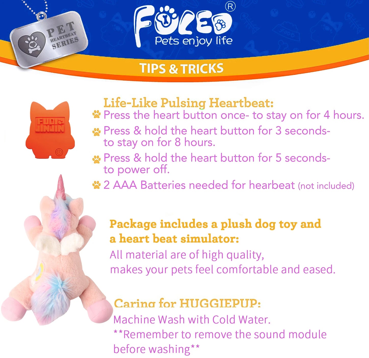 PETFULED Unicorn Heartbeat Dog Toys Plush Toys Comfort Puppy Toys Stress Reducing Sleep Aid Crate Toys, Durable Chew Toys for Do