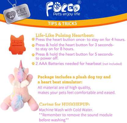 PETFULED Unicorn Heartbeat Dog Toys Plush Toys Comfort Puppy Toys Stress Reducing Sleep Aid Crate Toys, Durable Chew Toys for Do