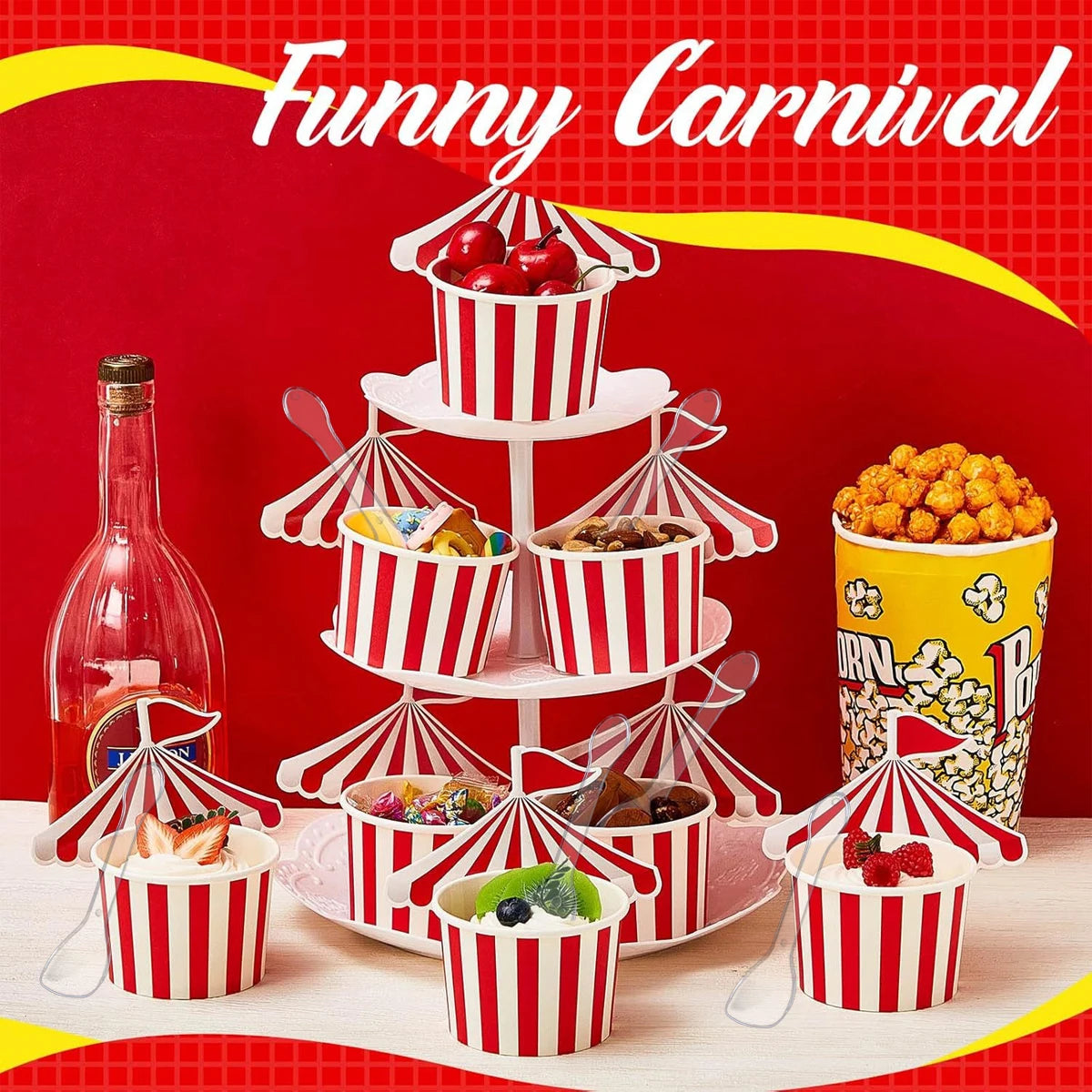 24Pcs Ice Cream Cups with 100 Spoons Carnival Party Circus Tent Shaped 8 oz Paper Carnival Cup Red White Striped Snack Cup Party
