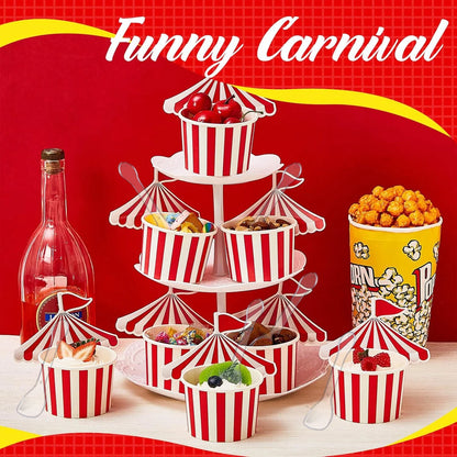 24Pcs Ice Cream Cups with 100 Spoons Carnival Party Circus Tent Shaped 8 oz Paper Carnival Cup Red White Striped Snack Cup Party