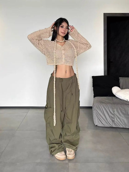 American Vintage Loose Cargo Pants Women Casual Street Personality Women's Cargo Pants Drawstring Design New Spring Trousers