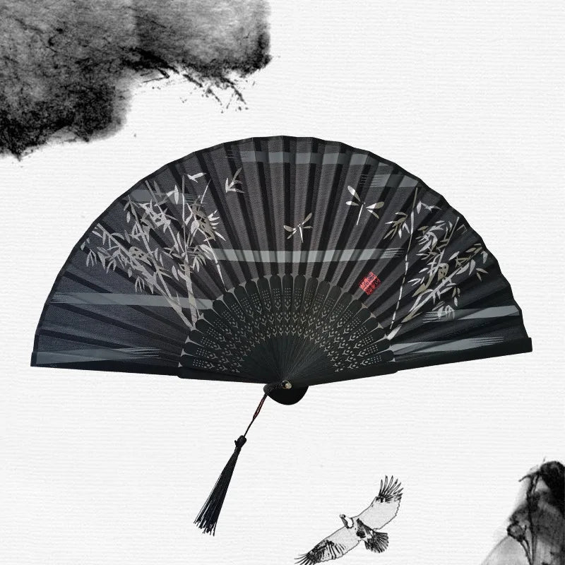 Bamboo Folding Fan Silk Chinese Fan Hand Women Black Fan Summer Female Dance Home Decoration Party Gift Home Ornament Fan Black