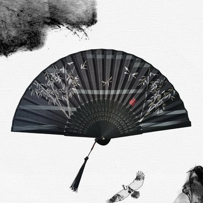 Bamboo Folding Fan Silk Chinese Fan Hand Women Black Fan Summer Female Dance Home Decoration Party Gift Home Ornament Fan Black