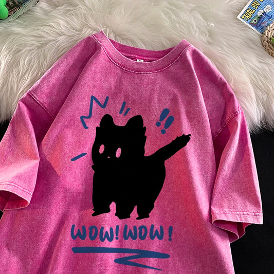 Vintage Water Washing T Shirts Wow Wow Fun Black Cat Tops Casual Hip Hop Short Sleeve Men Women Clothing Cotton Couple Tops