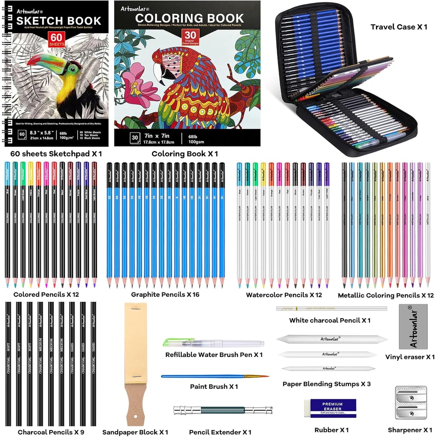 74 Art Set Drawing Supplies - Pro Sketching Kit for Artists Adults , Charcoal, Watercolor, Metallic Colored Pencils in Gift Case