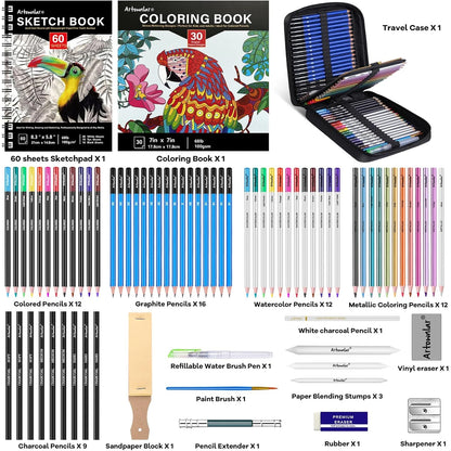 74 Art Set Drawing Supplies - Pro Sketching Kit for Artists Adults , Charcoal, Watercolor, Metallic Colored Pencils in Gift Case