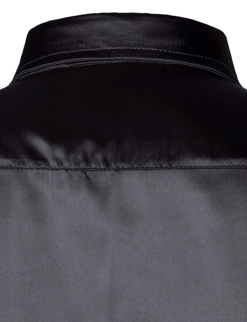 Black Mens Silk Dress Shirts 3Pcs(Shirt +Tie+Bowtie) Smooth Satin Shirt Men Slim Fit Party Prom Casual Shirts Men Social Camisa