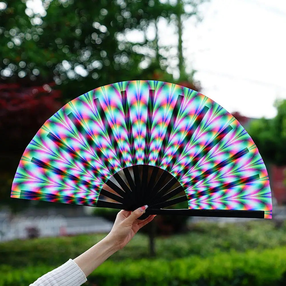 33cm Large Folding Hand Rave Fan Chinease/Japanese Gifts Fan Dance Music Colorful Fan Festival Fan Gradient Reflective Fold