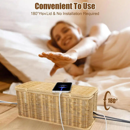 2 Open Slots Cords Power Board Hider Box Rattan Cable Management Box Cable Hider Organizer Breathable Cable Box Organizer