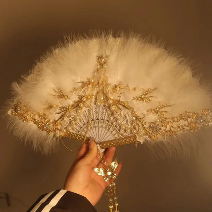 Feather Fan Lolita Dance Cheongsam Catwalk Show Folding Fan Retro Nostalgic Hanfu Fairy Lace Fan