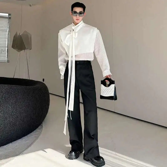 LUZHEN Stylish Personality Ribbon Decorate Translucent Long Sleeve Shirts Men's Elegant 2025 New Stylish Fake Two Piece LZ2413