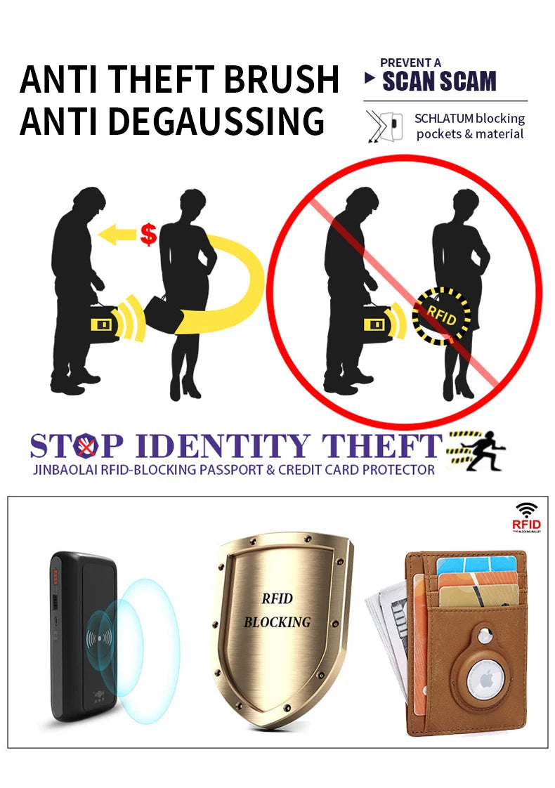 SCHLATUM Genuine Leather RFID Slim Minimalist Card Holder High Quality Apple Airtag Protective Case Men Business Wallet