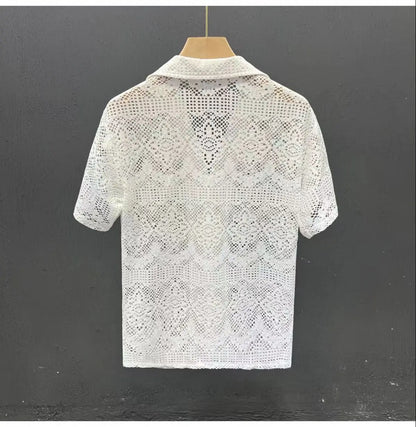 Vintage Ice Silk Lace Shirts For Men Sexy Lace Breathable Hollow Out Tops Summer Fashion Cuban Collar Short Sleeved Shirt Male