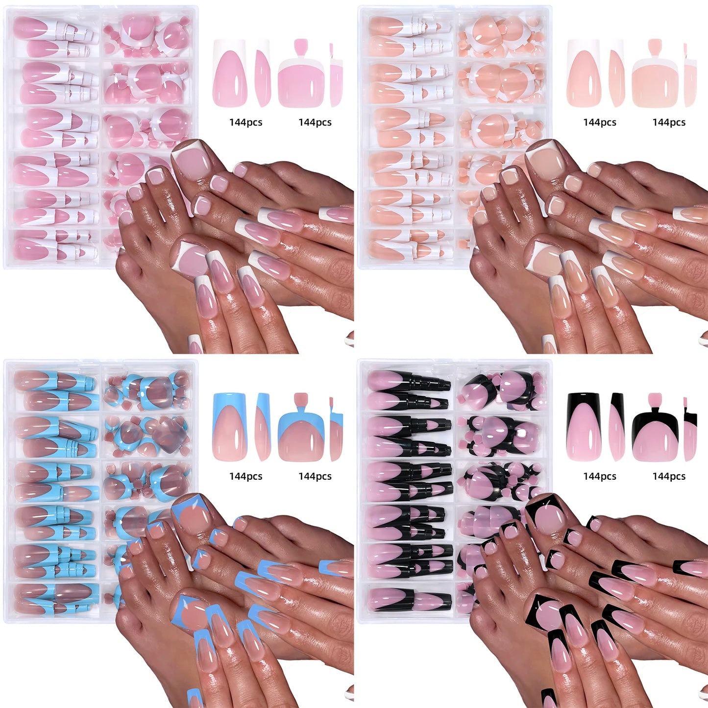 144pcs French hand and foot wear nail set summer short square shiny false toenail acrylic full coverage suitable for nail salon