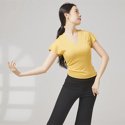 Modern Dance Clothes Women  V-Neck Seamless Short Sleeve T-Shirt Elegant Stage Costume Basic Training Tops Casual Summer Blouse