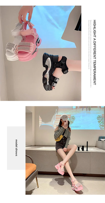 Summer High Platform Women Sandals Buckle 10CM Wedges Bling Shoes Fashion 2023 Outside Chunky Sandals Beach Casual Slides Woman